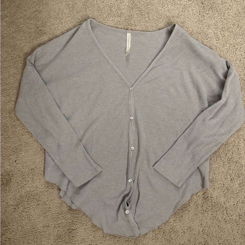 Babaton Light Gray Henley Waffle Knit Long Sleeve